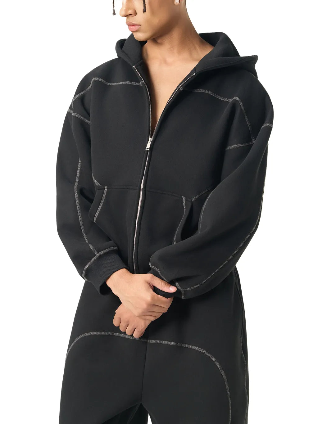 Contrast-Stitched-Boxy-Fleece-Zip-Hoodie-grey-black-customisable