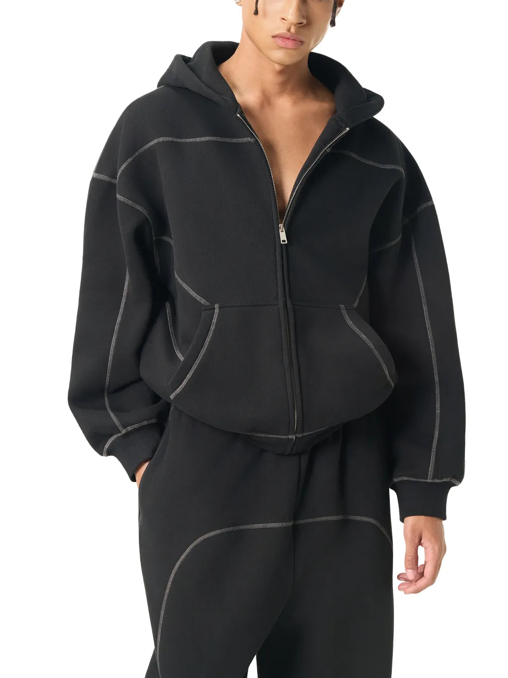 Contrast-Stitched-Boxy-Fleece-Zip-Hoodie-grey-black-customisable