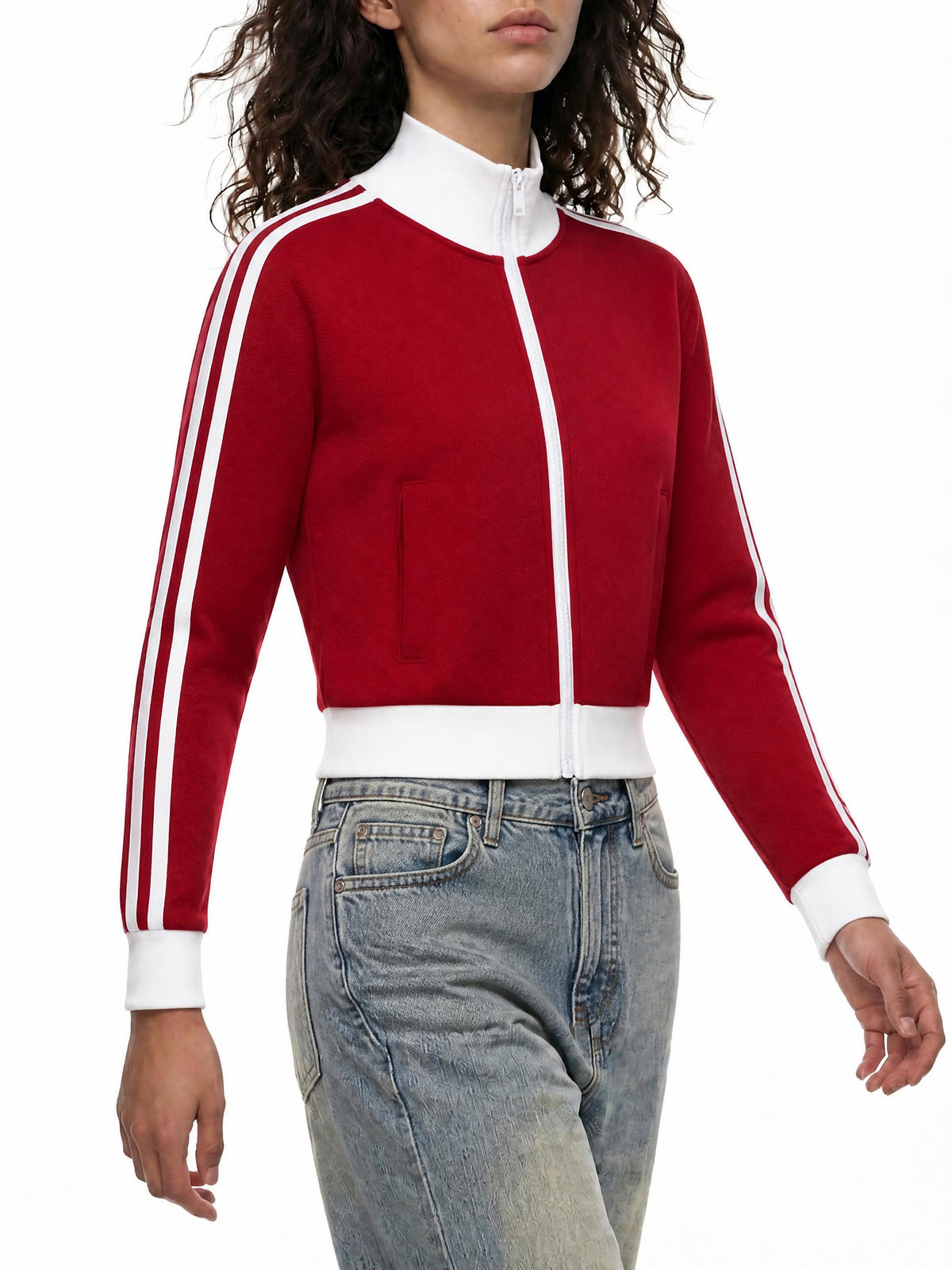 Contrast Side Stripe Fleece Cropped Track Jacket side stripe detail