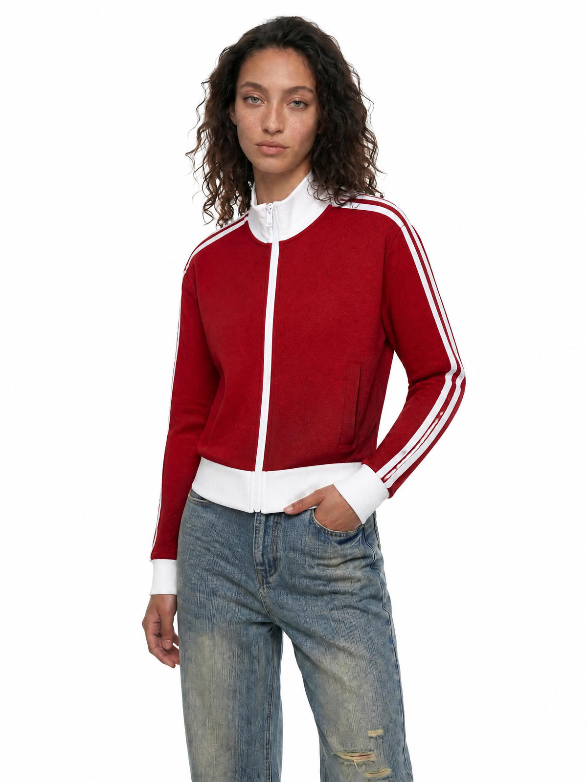 Contrast Side Stripe Fleece Cropped Track Jacket in black - front view