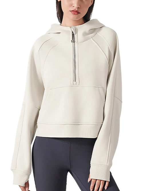 Cropped Half-Zip Hoodie half-zip and hood detail