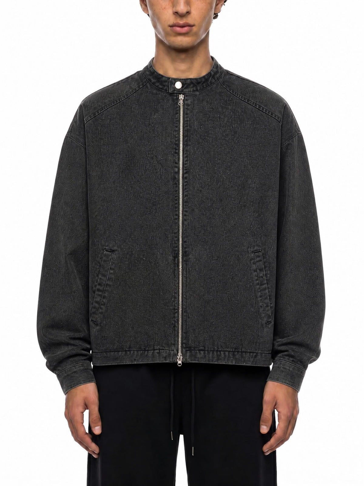 Essential-Zip-Up-Fleeced-Varsity-Jacket-mens-womens-unisex-denim-jacket-black-blue-customisable