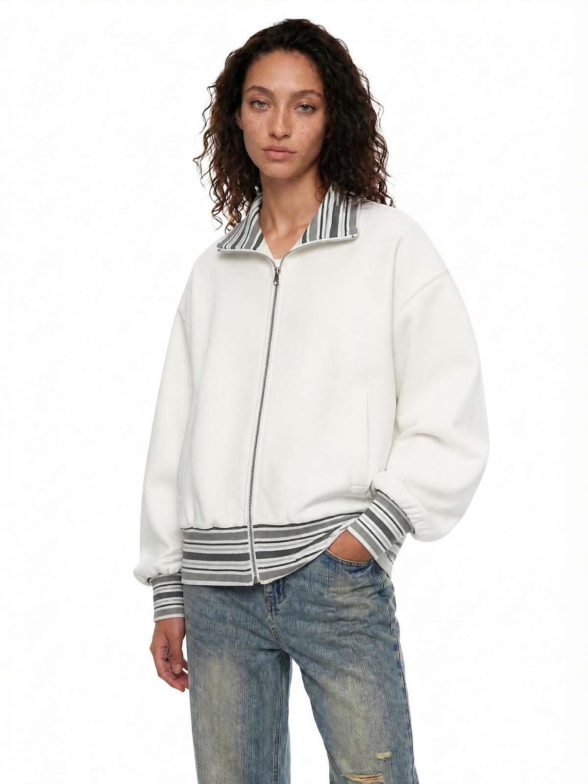 Striped-Rib-Collar-Zip-Jacket-mens-womens-gymwear-gym-clothing-white-customisable