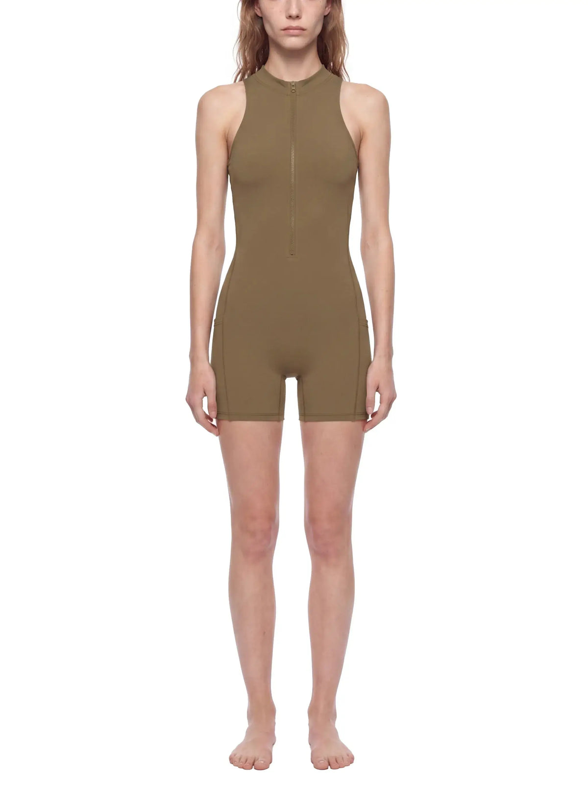Quarter-Zip Yoga Romper in olive green color, designed for women's activewear and yoga.