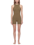 Quarter-Zip Yoga Romper in olive green color, designed for women's activewear and yoga.