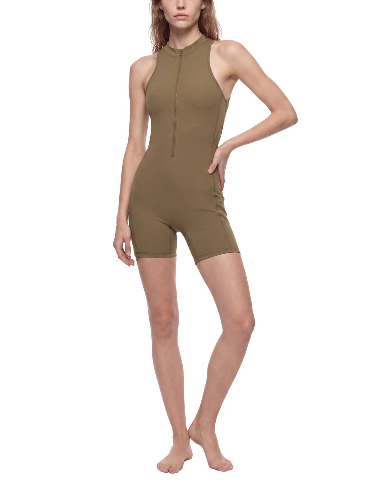 Quarter-Zip Yoga Romper in olive green, showcasing a sleek design for women's activewear.
