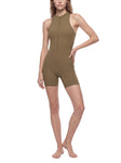 Quarter-Zip Yoga Romper in olive green, showcasing a sleek design for women's activewear.