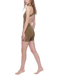 Quarter-Zip Yoga Romper in olive green showcasing a stylish back design for activewear.