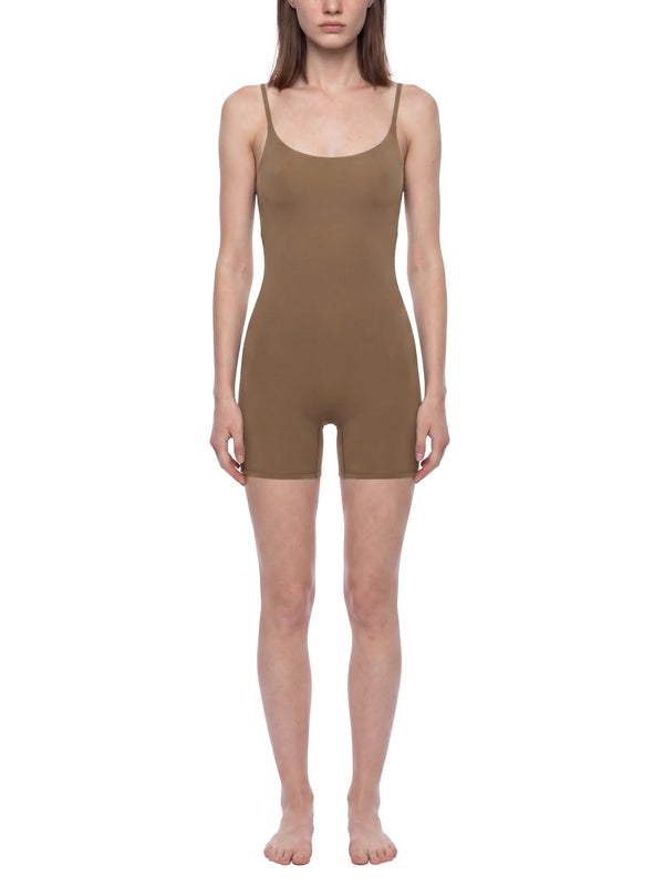 U-Neck Yoga Romper in brown color, a stylish and customizable women's activewear option.
