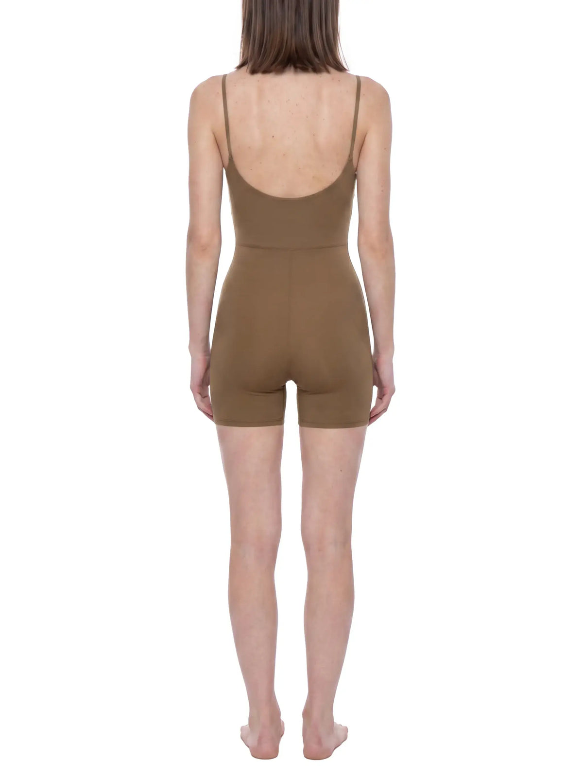 Back view of U-Neck Yoga Romper in brown; customizable women's activewear for workouts and yoga sessions.