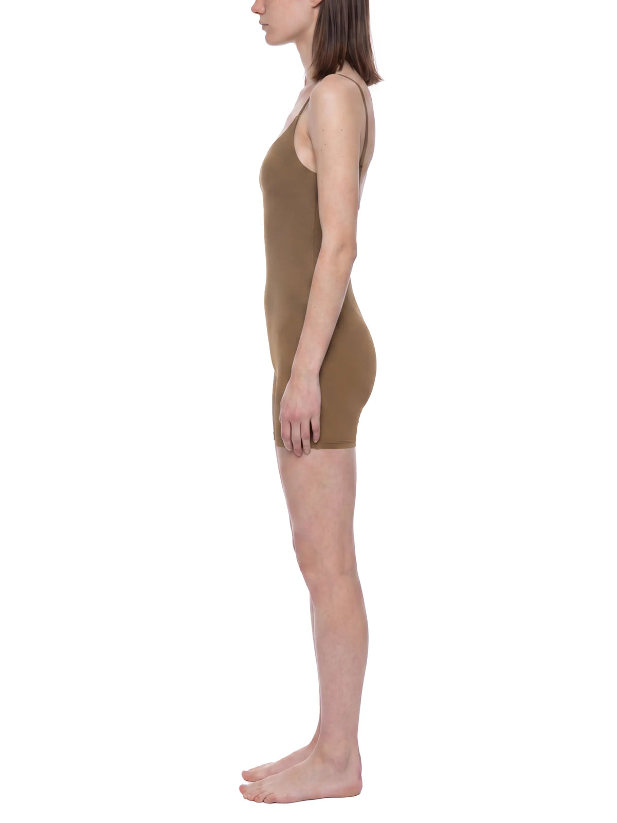 U-Neck Yoga Romper in brown, showcasing customizable design for women's activewear from the side.