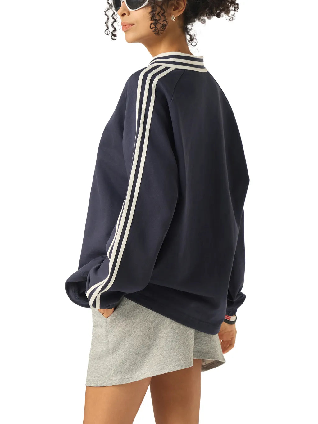 Contrast Striped Lapel Collar Sweatshirt