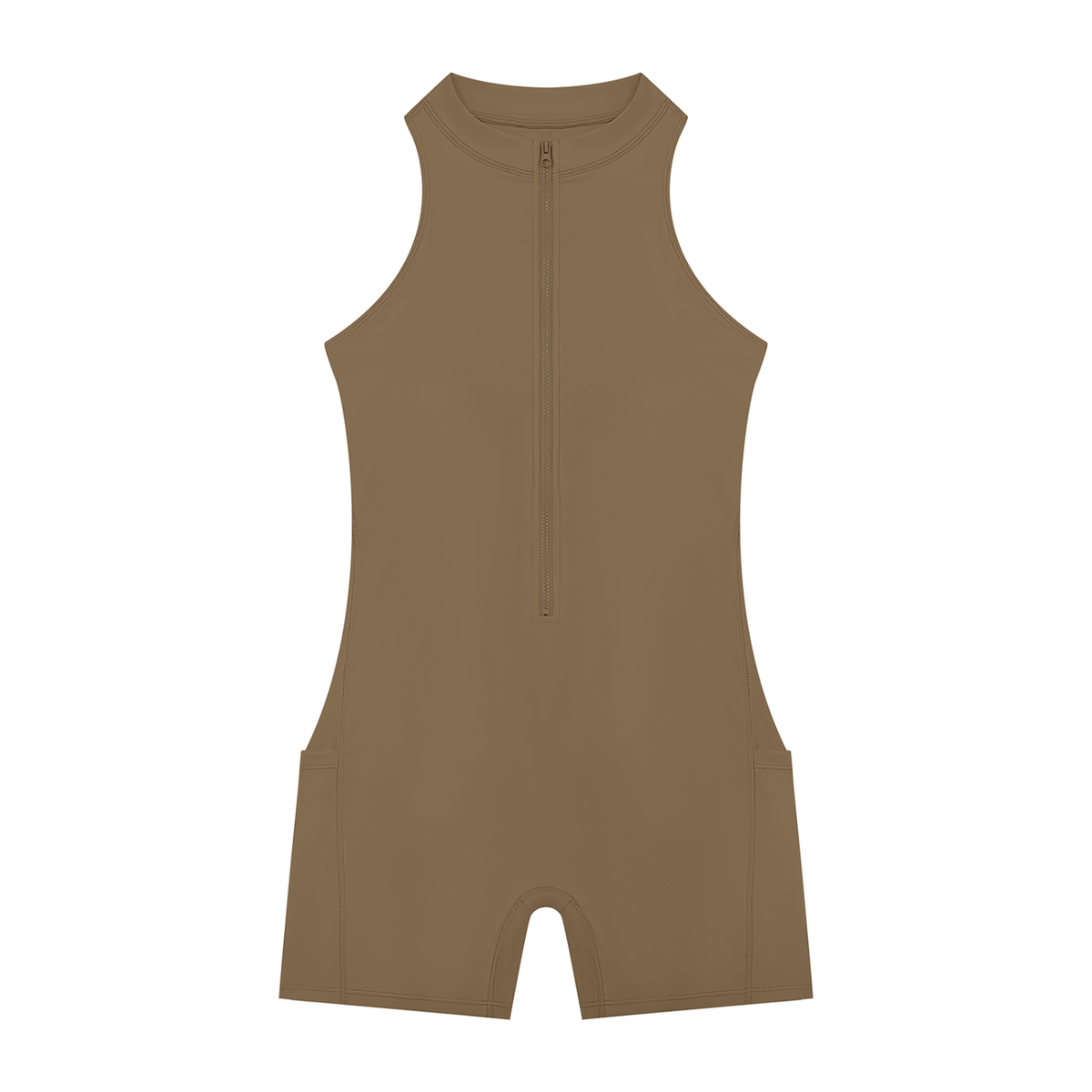 Quarter-Zip Yoga Romper in brown fabric with quarter-zip neckline and no sleeves.