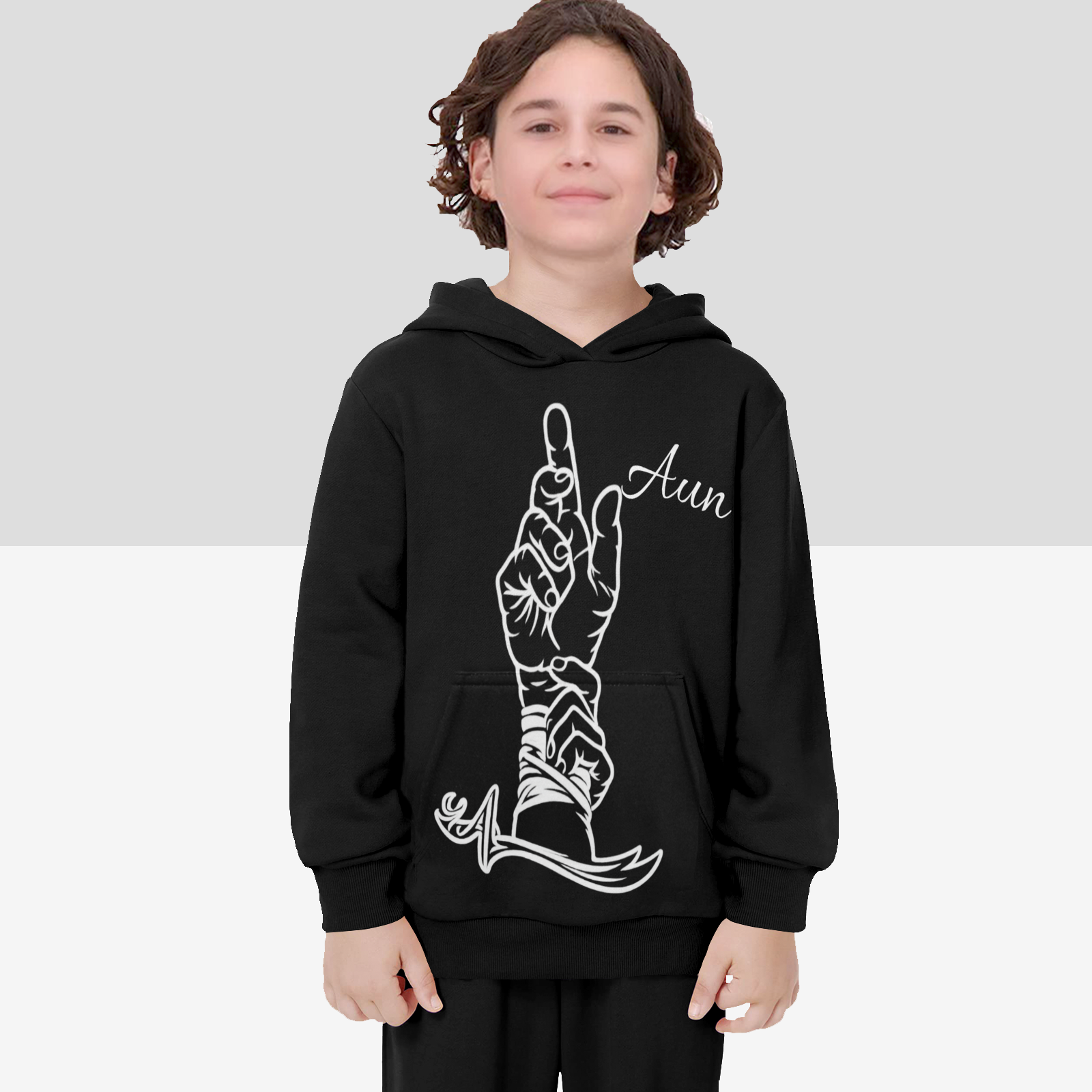 boys-hoodie-with-man-kunto-mawla-zulfiqar-print in-black-white-yellow-grey-blue-lightblue