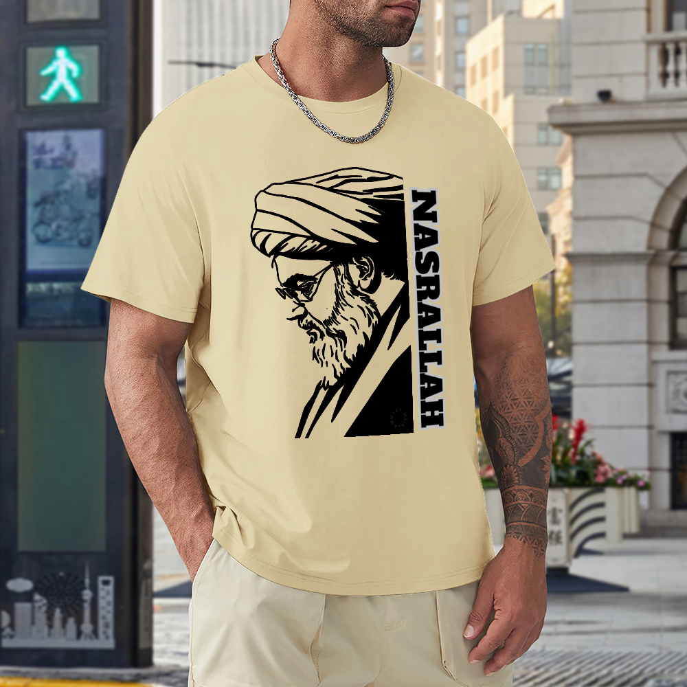 men's-loose-fit-cotton-t-shirt-with-hassan-nasrallah-in-black-yellow-white-blue-darkblue-grey-pink-greyblue-purple-maroon-coffee-brown-apricot