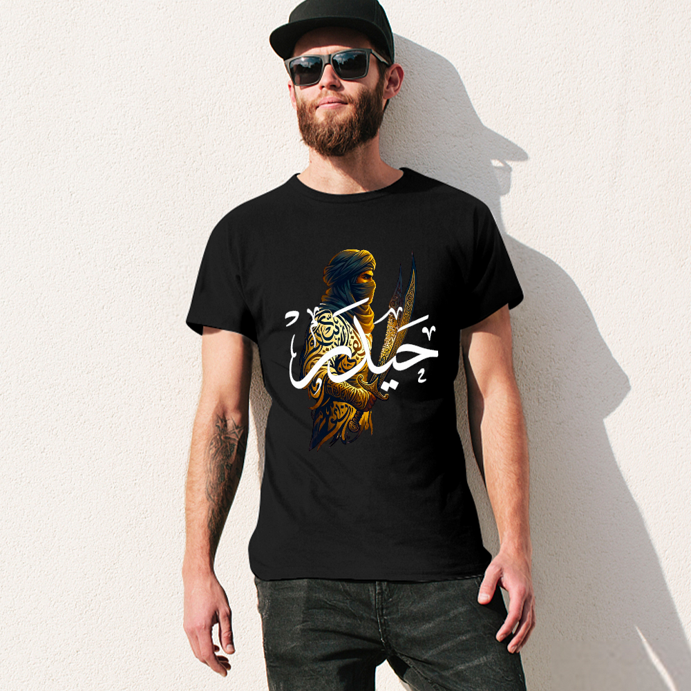 men's-loose-fit-cotton-t-shirt-with-ali-warrior-haider-arabic-text-in-black-yellow-white-blue-darkblue-grey-pink-greyblue-purple-maroon-coffee-brown-apricot