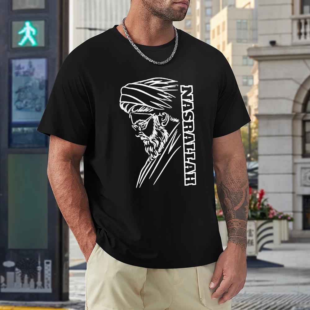 men's-loose-fit-cotton-t-shirt-with-hassan-nasrallah-in-black-yellow-white-blue-darkblue-grey-pink-greyblue-purple-maroon-coffee-brown-apricot