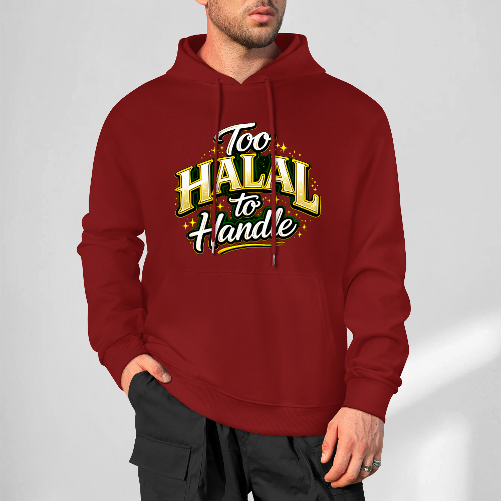 mens-cotton-hoodie-with-too-halal-to-handle-funny-print-in-black-white-magenta-crimson-grey-navy-greyblue-apricot-bordeux-purple-dark-purple