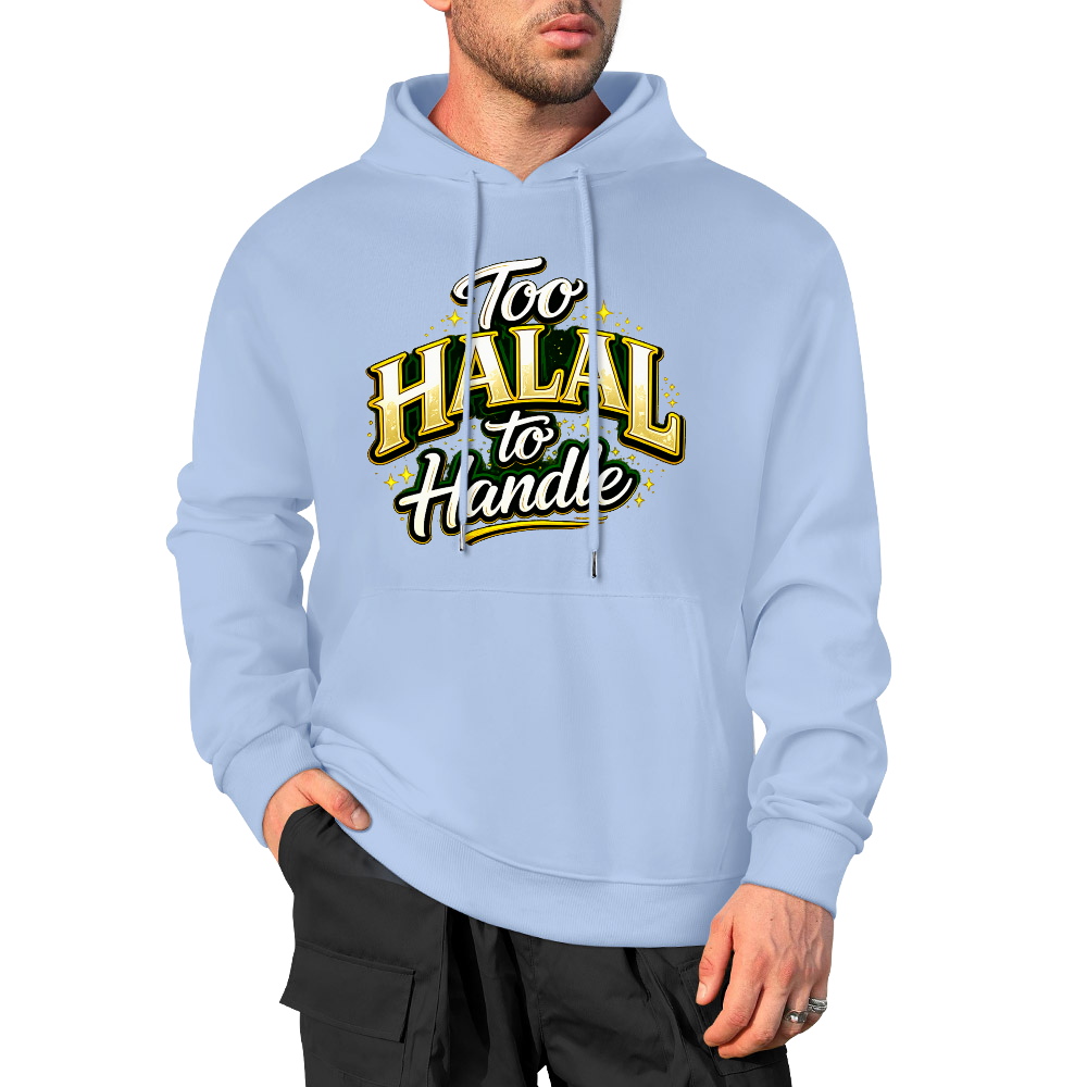 mens-cotton-hoodie-with-too-halal-to-handle-funny-print-in-black-white-magenta-crimson-grey-navy-greyblue-apricot-bordeux-purple-dark-purple