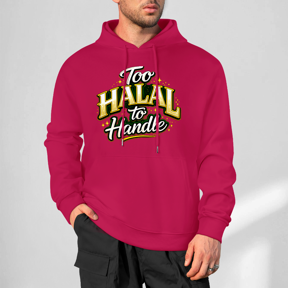 mens-cotton-hoodie-with-too-halal-to-handle-funny-print-in-black-white-magenta-crimson-grey-navy-greyblue-apricot-bordeux-purple-dark-purple