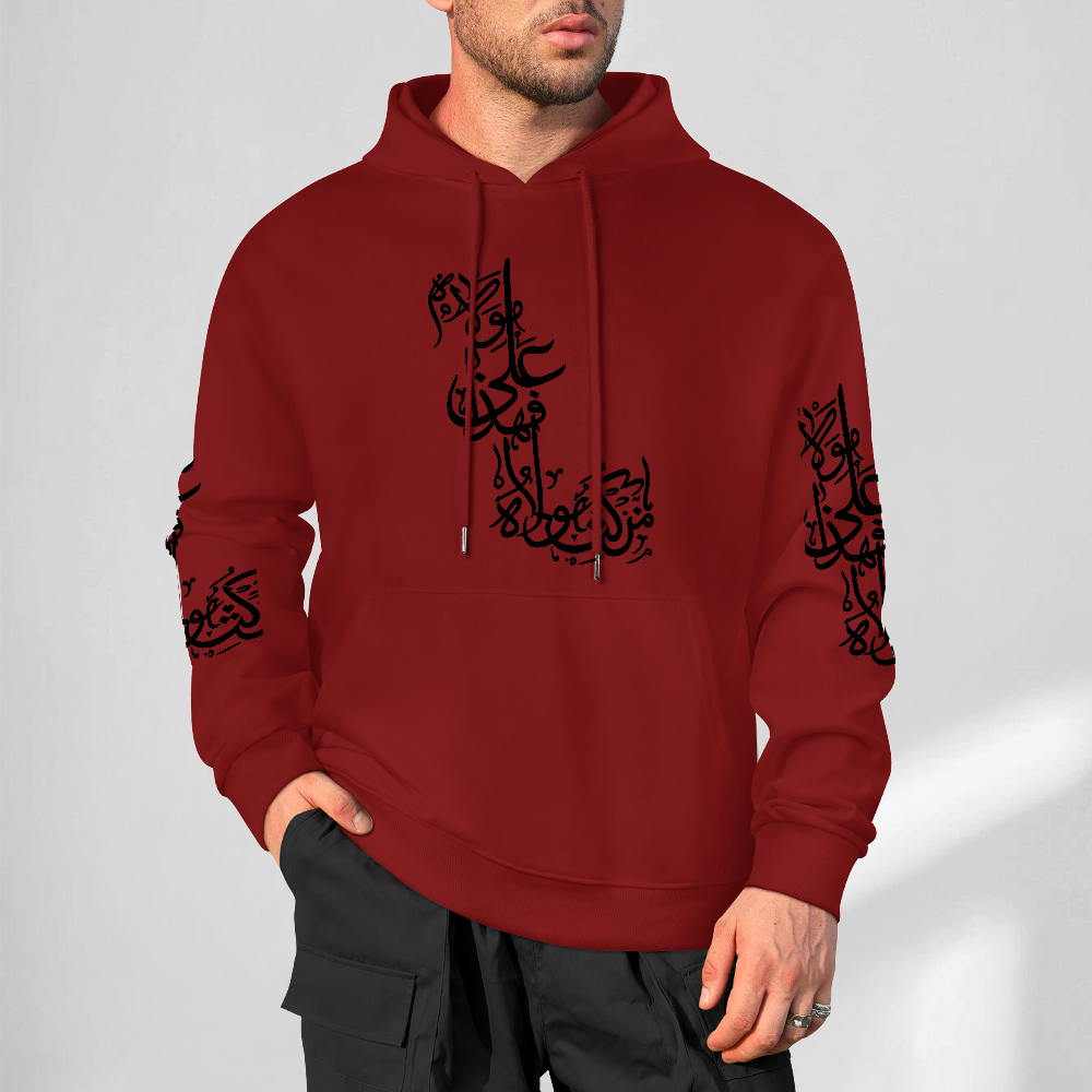 Mens-cotton-hoodie-with-man-kunta-mola-print-in-crimson