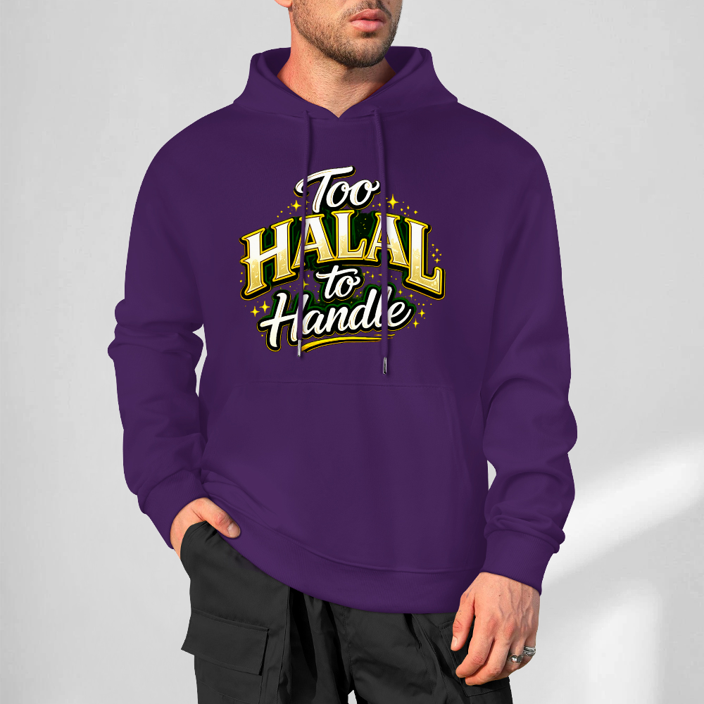 mens-cotton-hoodie-with-too-halal-to-handle-funny-print-in-black-white-magenta-crimson-grey-navy-greyblue-apricot-bordeux-purple-dark-purple