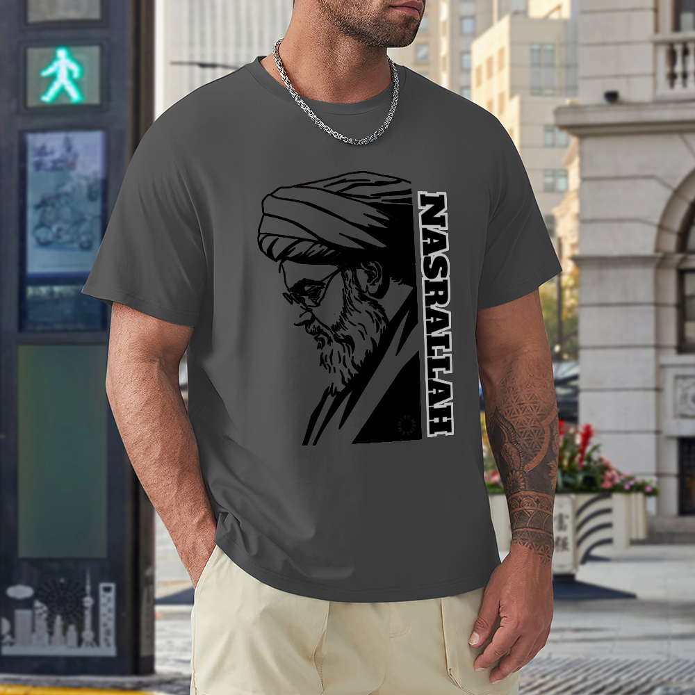 men's-loose-fit-cotton-t-shirt-with-hassan-nasrallah-in-black-yellow-white-blue-darkblue-grey-pink-greyblue-purple-maroon-coffee-brown-apricot