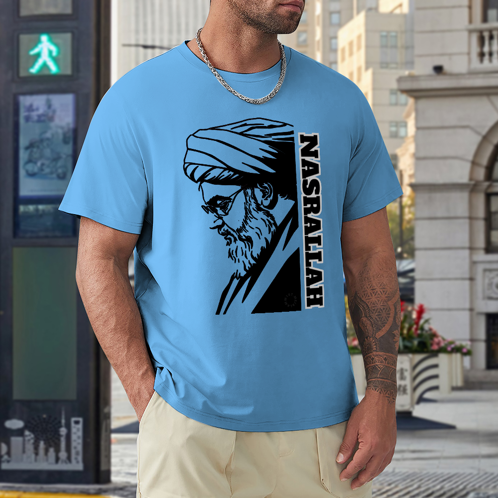 men's-loose-fit-cotton-t-shirt-with-hassan-nasrallah-in-black-yellow-white-blue-darkblue-grey-pink-greyblue-purple-maroon-coffee-brown-apricot