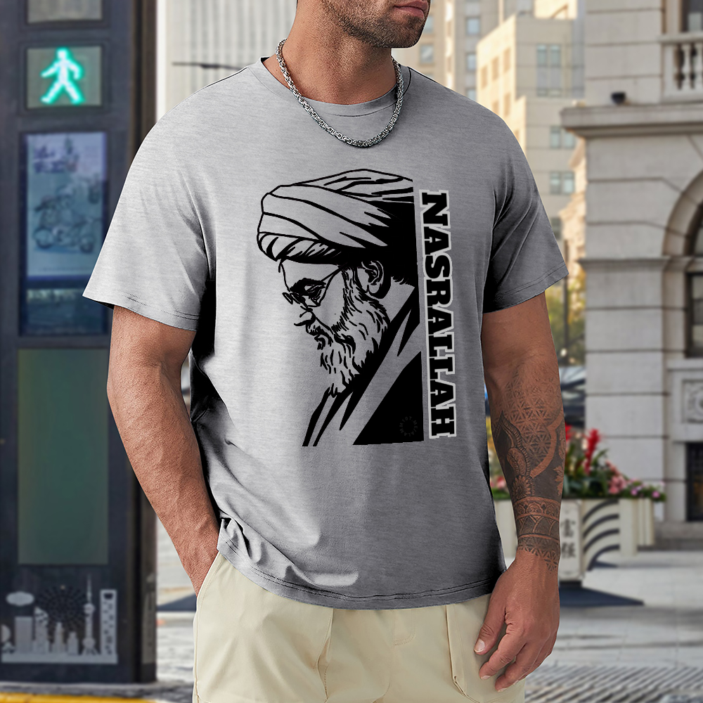 men's-loose-fit-cotton-t-shirt-with-hassan-nasrallah-in-black-yellow-white-blue-darkblue-grey-pink-greyblue-purple-maroon-coffee-brown-apricot