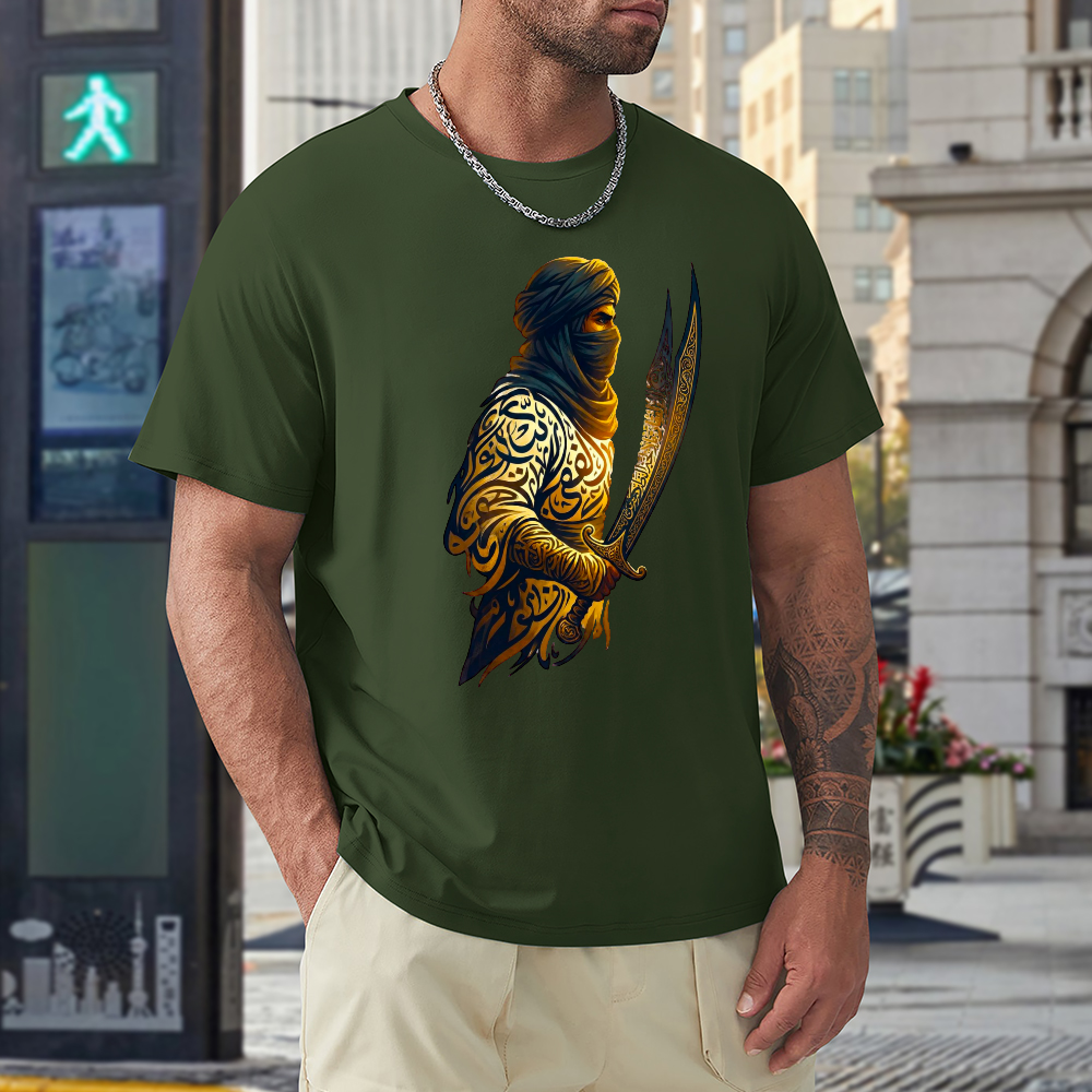 men's-loose-fit-cotton-t-shirt-with-ali-warrior-haider-arabic-text-in-black-yellow-white-blue-darkblue-grey-pink-greyblue-purple-maroon-coffee-brown-apricot