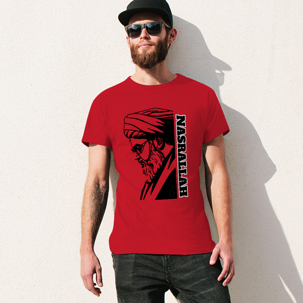 men's-loose-fit-cotton-t-shirt-with-hassan-nasrallah-in-black-yellow-white-blue-darkblue-grey-pink-greyblue-purple-maroon-coffee-brown-apricot