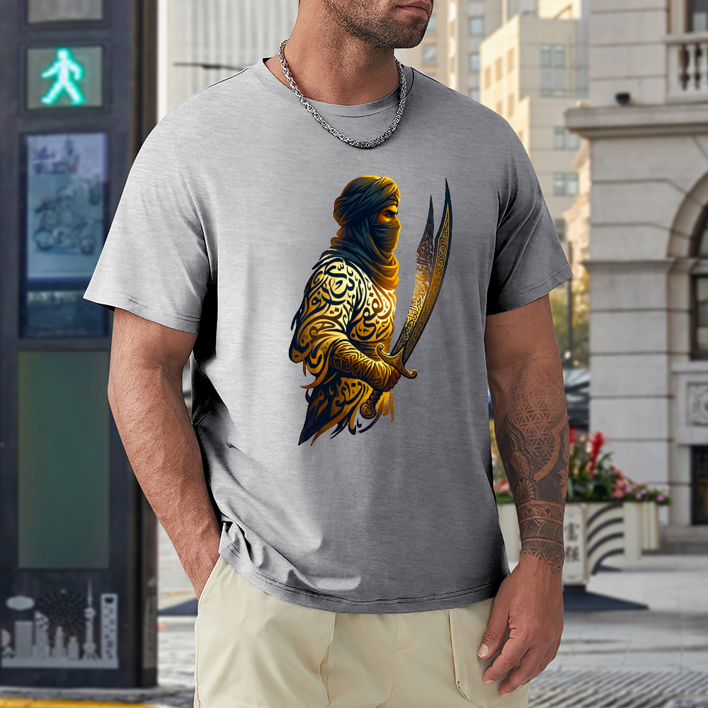 men's-loose-fit-cotton-t-shirt-with-ali-warrior-haider-arabic-text-in-black-yellow-white-blue-darkblue-grey-pink-greyblue-purple-maroon-coffee-brown-apricot