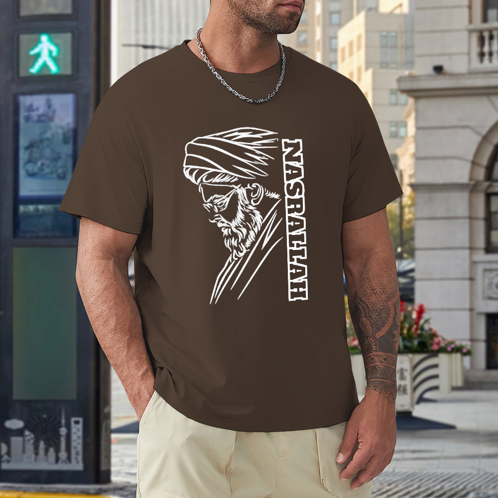 men's-loose-fit-cotton-t-shirt-with-hassan-nasrallah-in-black-yellow-white-blue-darkblue-grey-pink-greyblue-purple-maroon-coffee-brown-apricot