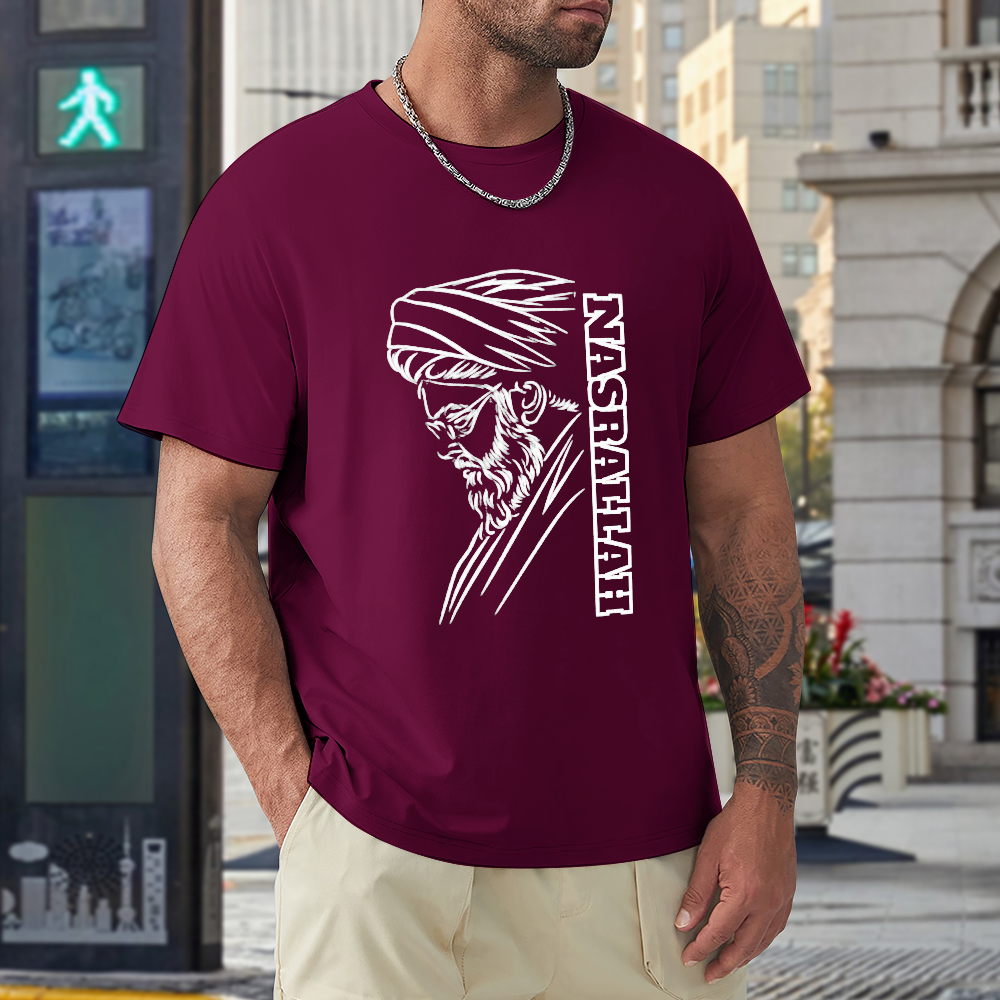 men's-loose-fit-cotton-t-shirt-with-hassan-nasrallah-in-black-yellow-white-blue-darkblue-grey-pink-greyblue-purple-maroon-coffee-brown-apricot