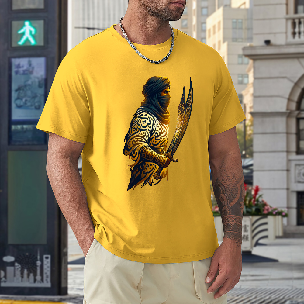 men's-loose-fit-cotton-t-shirt-with-ali-warrior-haider-arabic-text-in-black-yellow-white-blue-darkblue-grey-pink-greyblue-purple-maroon-coffee-brown-apricot