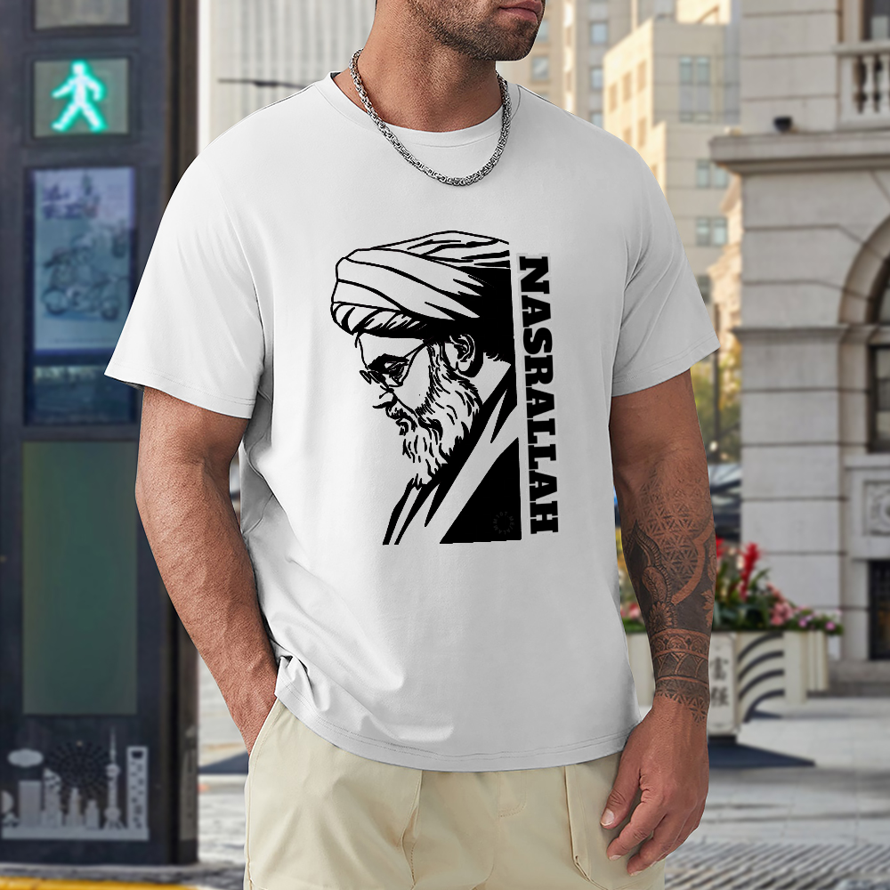 men's-loose-fit-cotton-t-shirt-with-hassan-nasrallah-in-black-yellow-white-blue-darkblue-grey-pink-greyblue-purple-maroon-coffee-brown-apricot