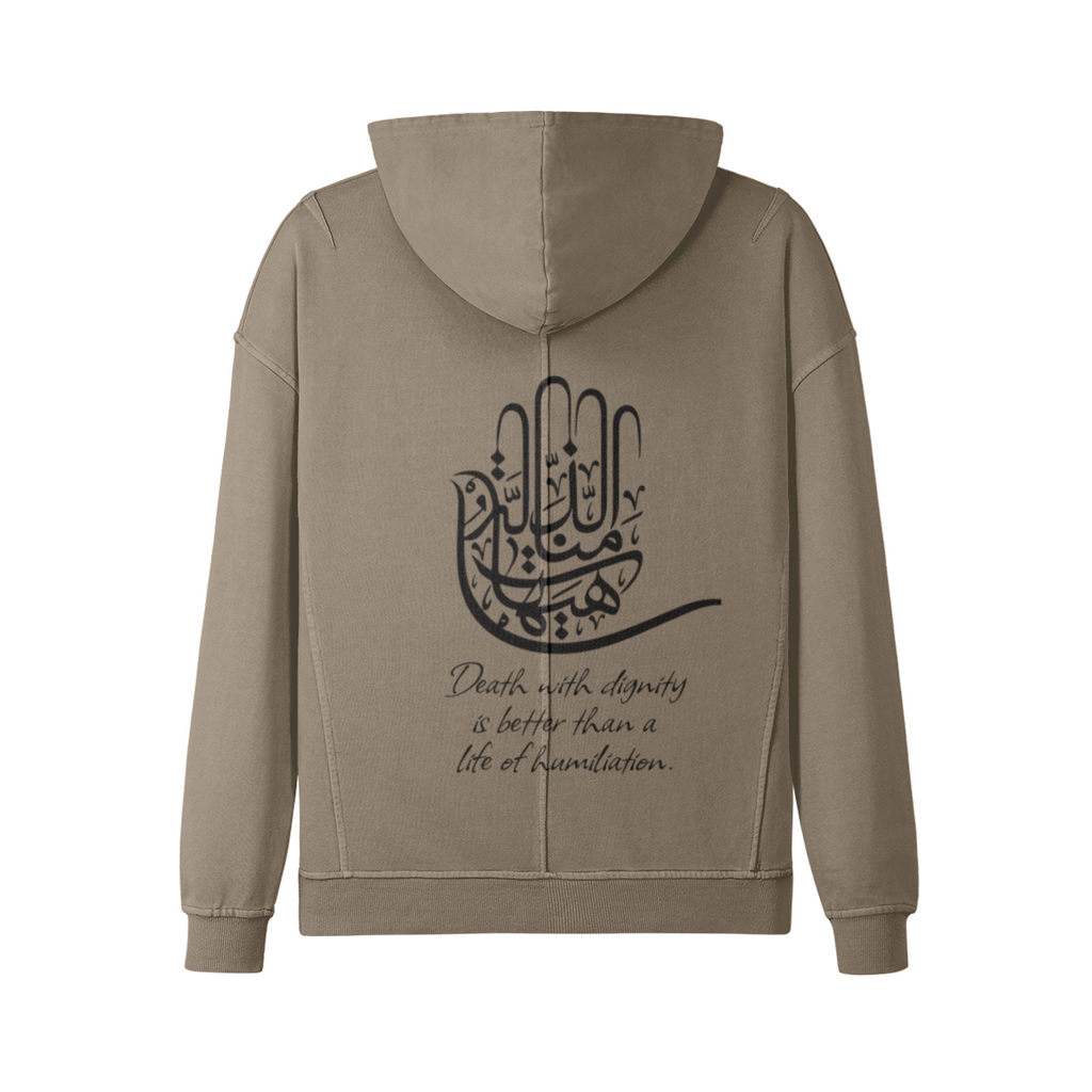 unisex-heavyweight-380gms-turtleneck-hoodie-with-mam-hussain-qoute-death-with-dignity-is-better-than-a-life-of-humiliation-in-black-khaki-grey-shia-islam